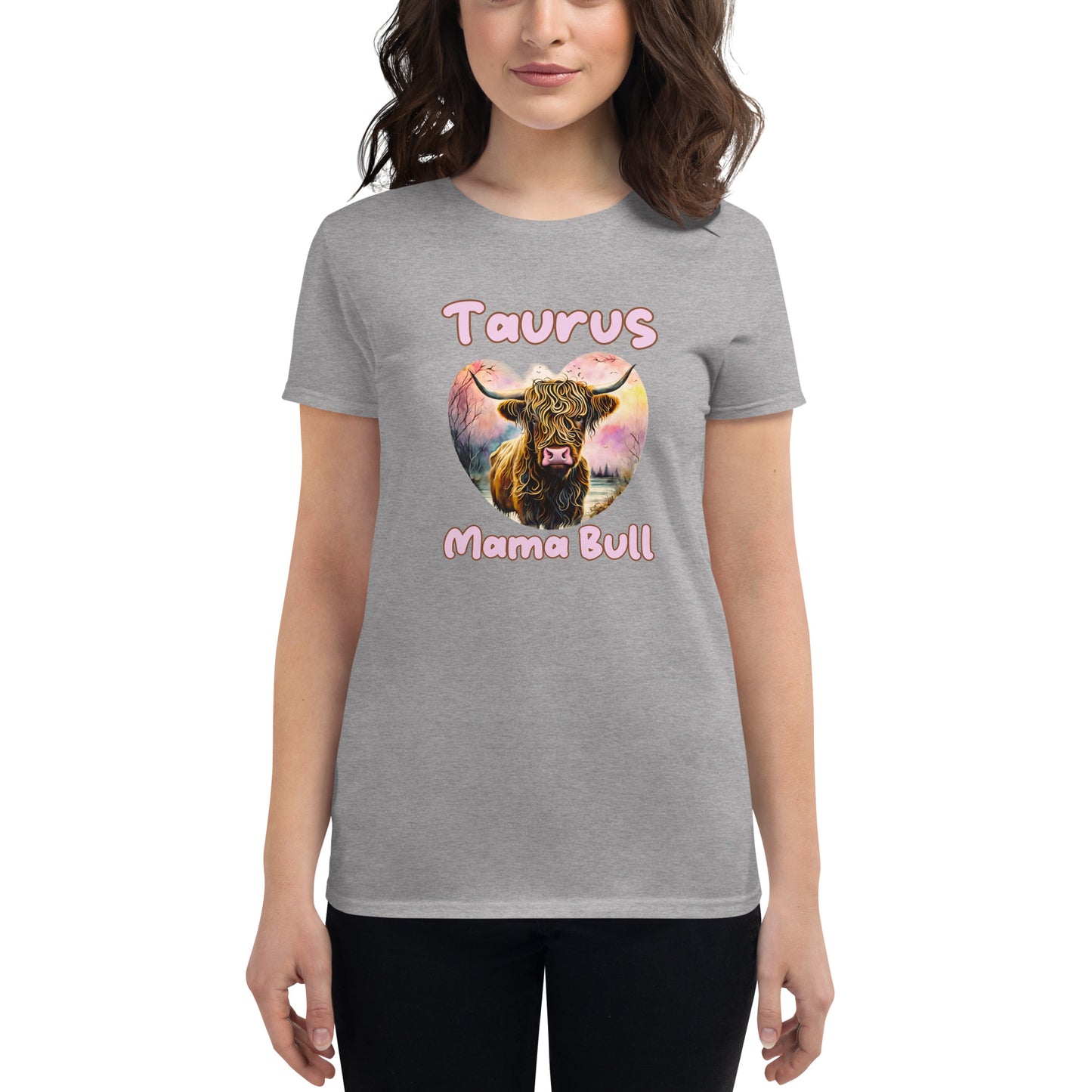 woman wearing heather grey t-shirt with a colorful illustration of a bull, captioned "Taurus Mama Bull" in playful text.