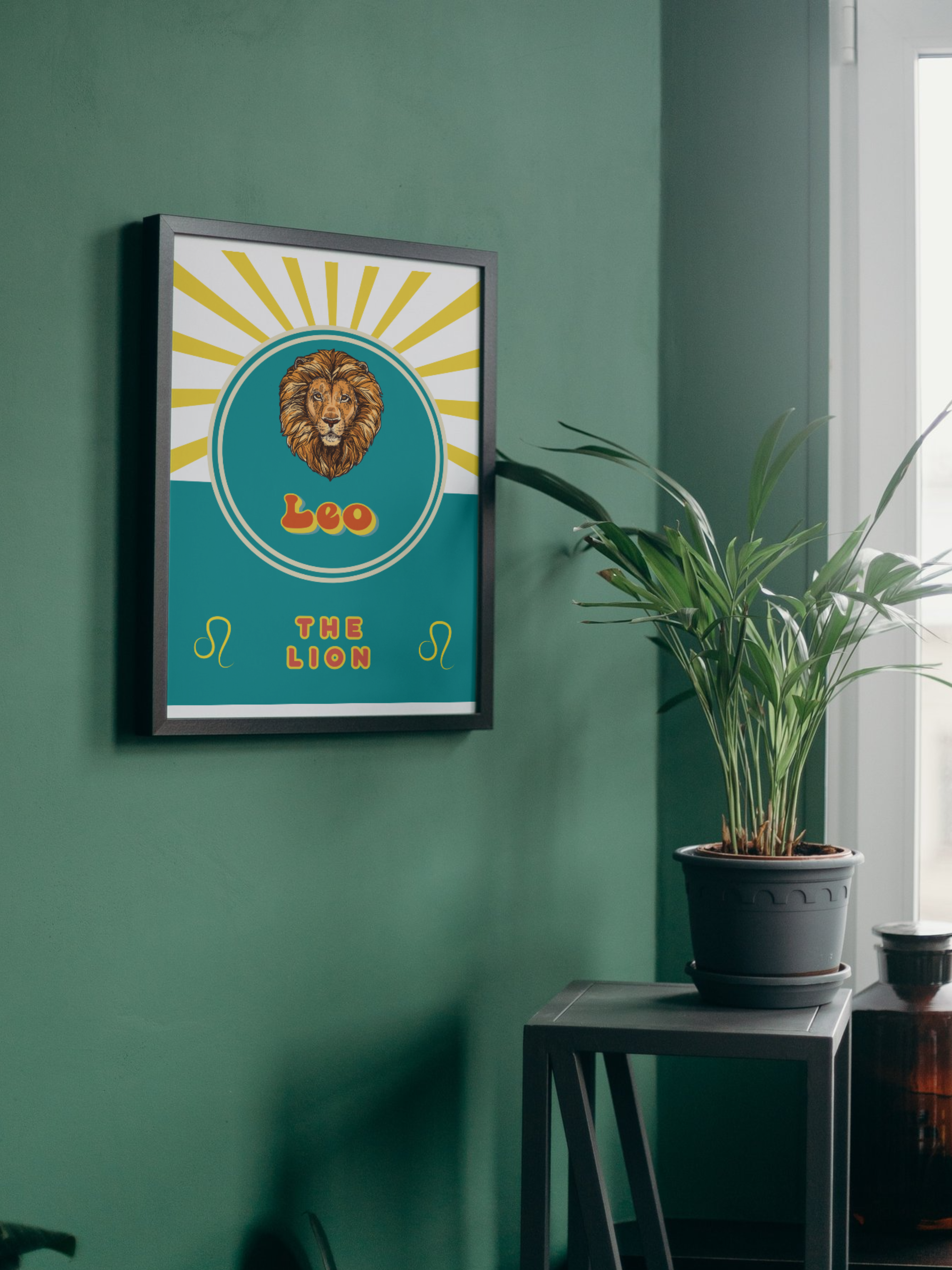 Blue and yellow retro Leo Zodiac sign poster with a lion's head and leo the lion written in red and yellow text. yellow zodiac symbols for Leo are at the bottom of the wall decoration. The vintage looking wall hanging is in a green room near a plant