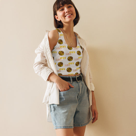 woman wearing white crop top with yellow Leo text and bright sunflower pattern