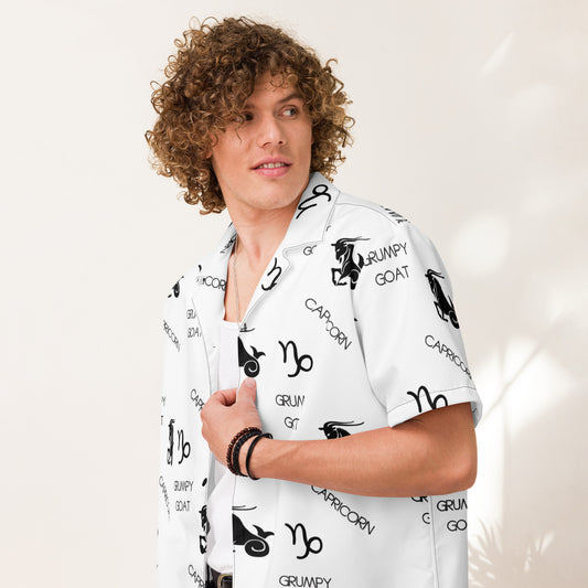 white unisex "Grumpy Goat" all-over print zodiac sign button-up shirt featuring playful Capricorn graphics and a cheeky slogan, perfect for showcasing your Capricorn pride.