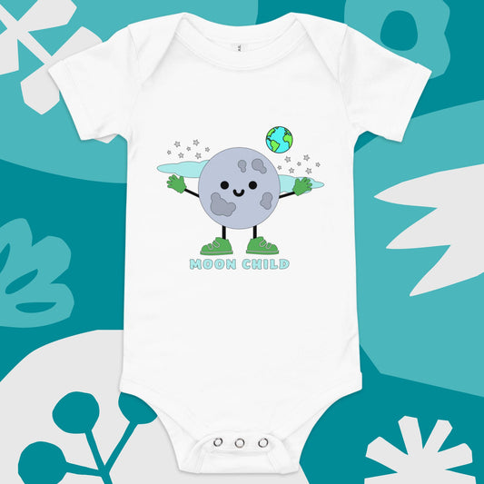 moonchild white bella canvas baby onesie with cartoon moon character, stars, and earth graphic