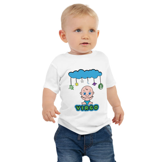 baby wearing white virgo t-shirt featuring adorable happy infant underneath cloud mobile design with celestial charms and astrology symbols