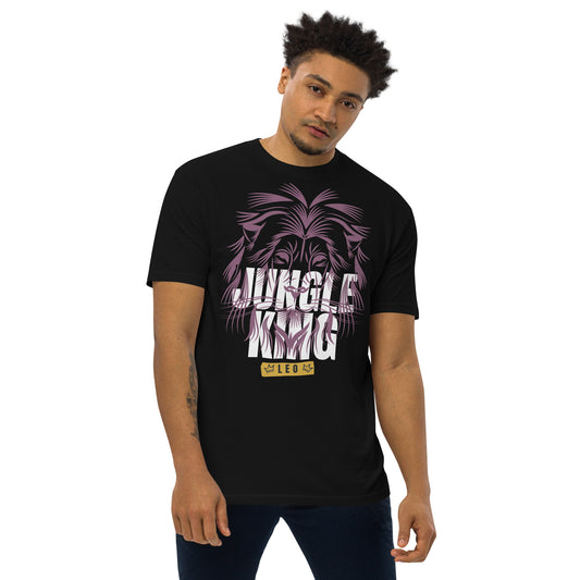 model wearing black Leo zodiac sign t-shirt with strking purple lion graphic