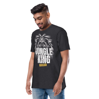 A person wearing a charcoal heather grey tee with a lion graphic and the text "Jungle King" in bold letters, with a small "Leo" label underneath.