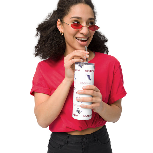 A stylish woman in a red top sips from a stainless steel tumbler decorated with the Scorpio zodiac sign and scorpion illustrations.