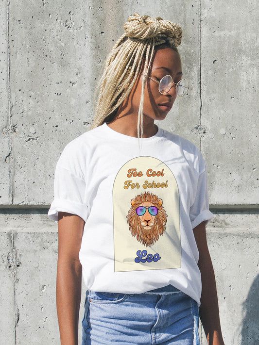 white t shirt that says too cool for school Leo with a graphic of a lion wearing sunglasses