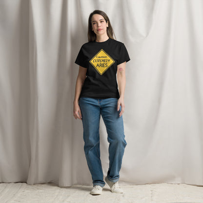 Black t-shirt with yellow caution symbol with "Caution Extremely Aries" in the center