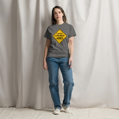 Charcoal t-shirt with yellow caution symbol with "Caution Extremely Aries" in the center