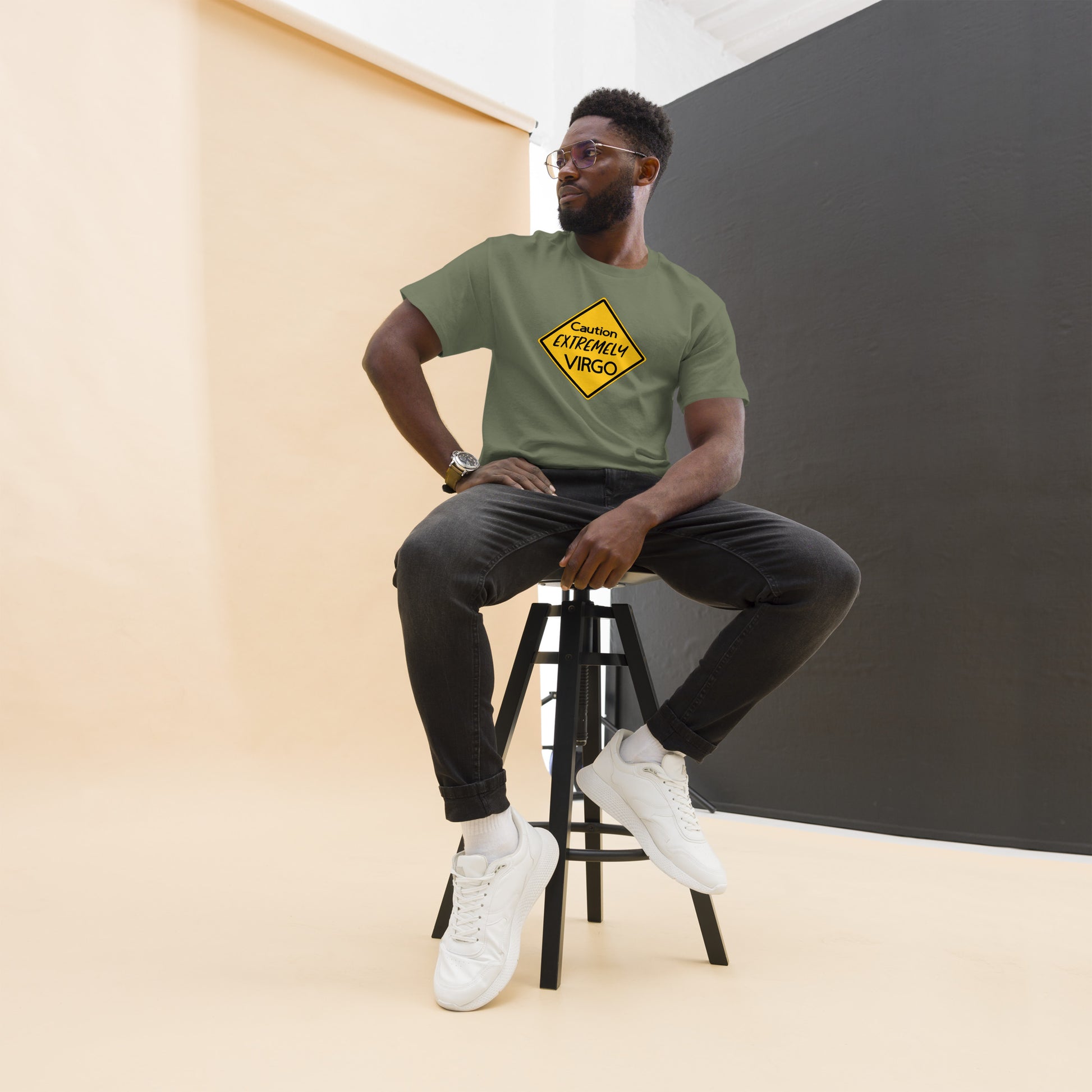 Military Green t-shirt with yellow caution symbol with "Caution Extremely Virgo" in the center