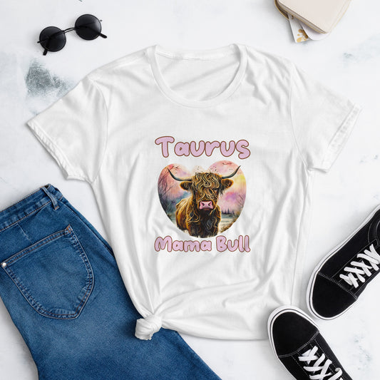 white t-shirt with a colorful illustration of a bull, captioned "Taurus Mama Bull" in playful text.